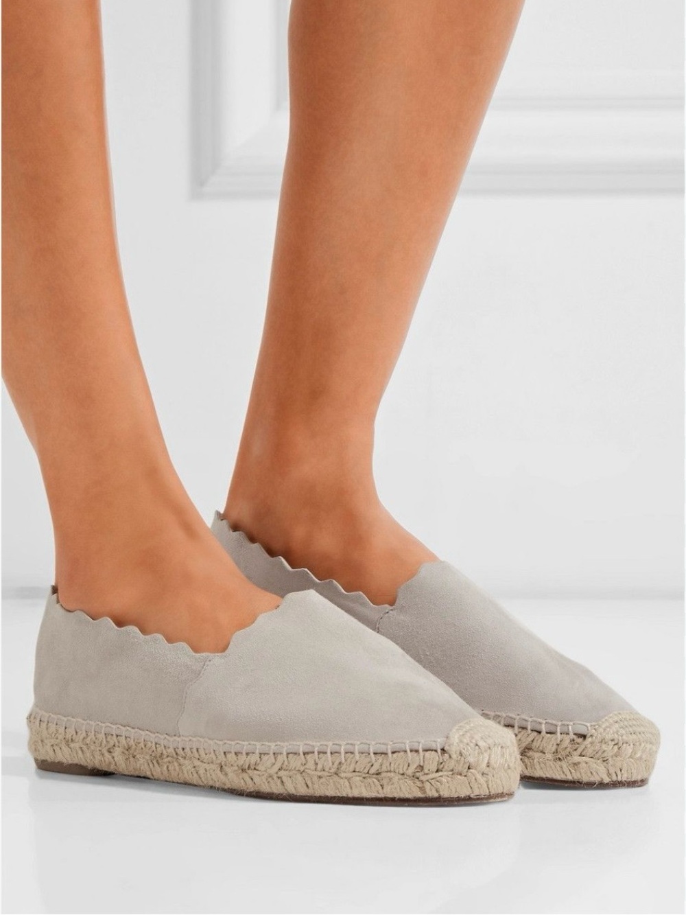 NWT Chloé Pary Flat Scalloped Espadrilles, Elephant Grey, 37 EU